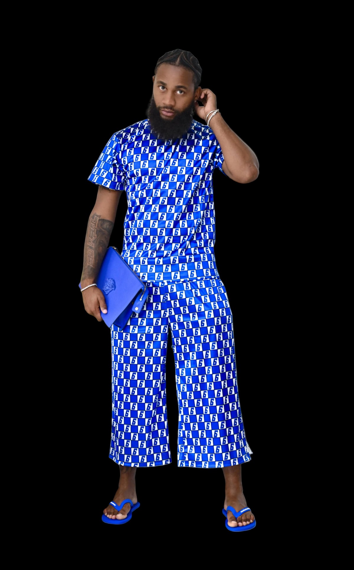 Posted silky checkered monogram two-piece set with long shorts - GSUWOO